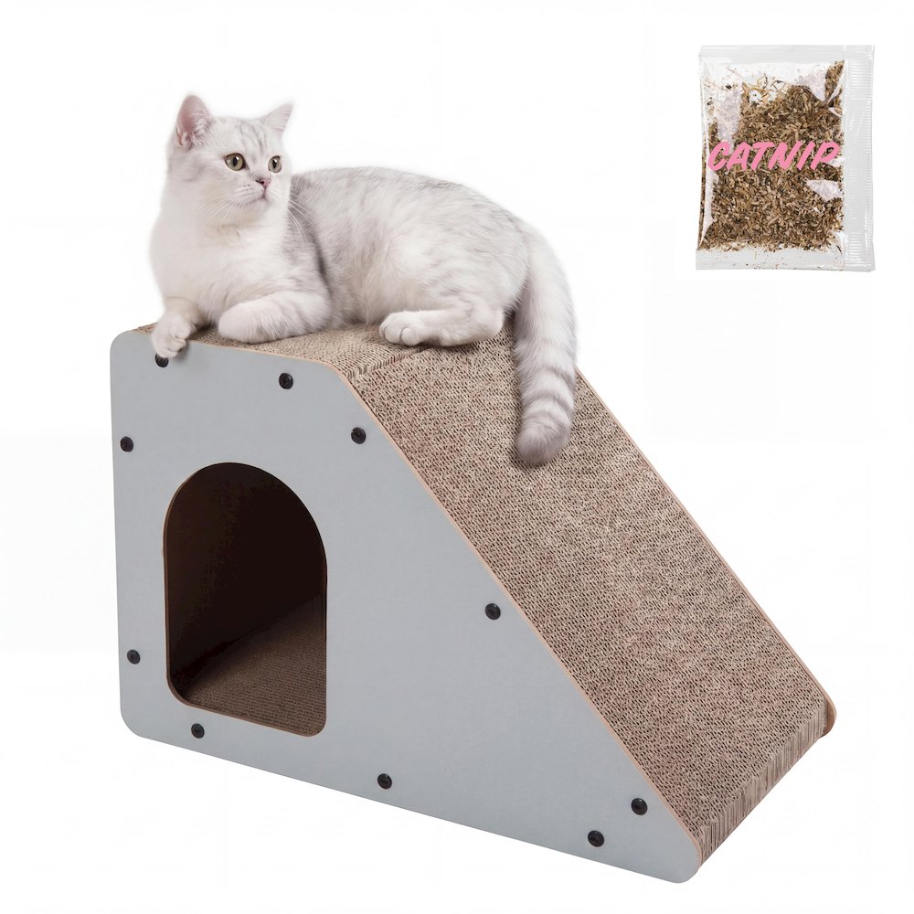 Kento Minimalist Cardboard Angled Cat Cave Scratcher with Catnip, Gray