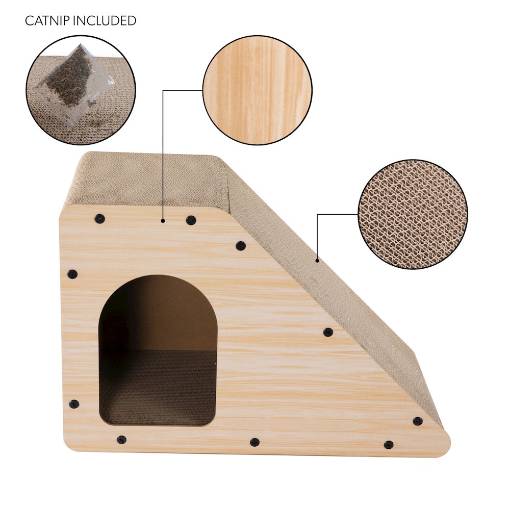 Kento Cardboard Angled Cat Cave Scratcher with Catnip, Oak Wood Finish