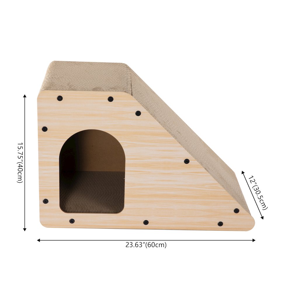 Kento Cardboard Angled Cat Cave Scratcher with Catnip, Oak Wood Finish