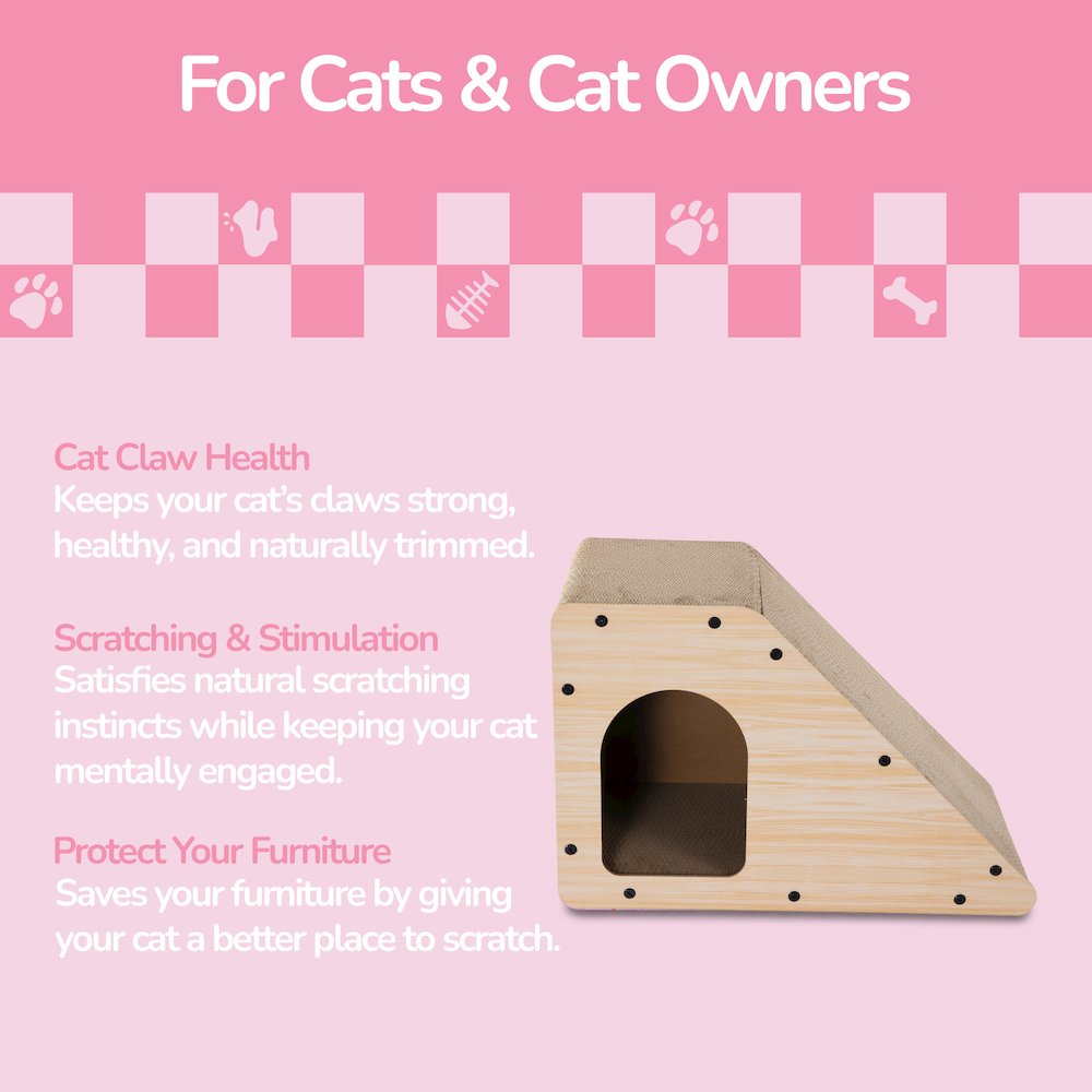 Kento Cardboard Angled Cat Cave Scratcher with Catnip, Oak Wood Finish