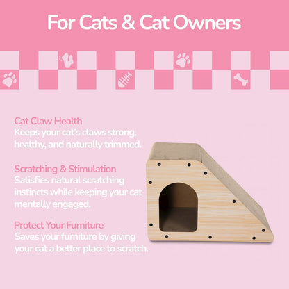 Kento Cardboard Angled Cat Cave Scratcher with Catnip, Oak Wood Finish