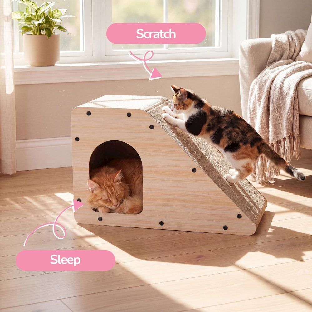 Kento Cardboard Angled Cat Cave Scratcher with Catnip, Oak Wood Finish