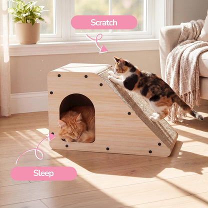 Kento Cardboard Angled Cat Cave Scratcher with Catnip, Oak Wood Finish