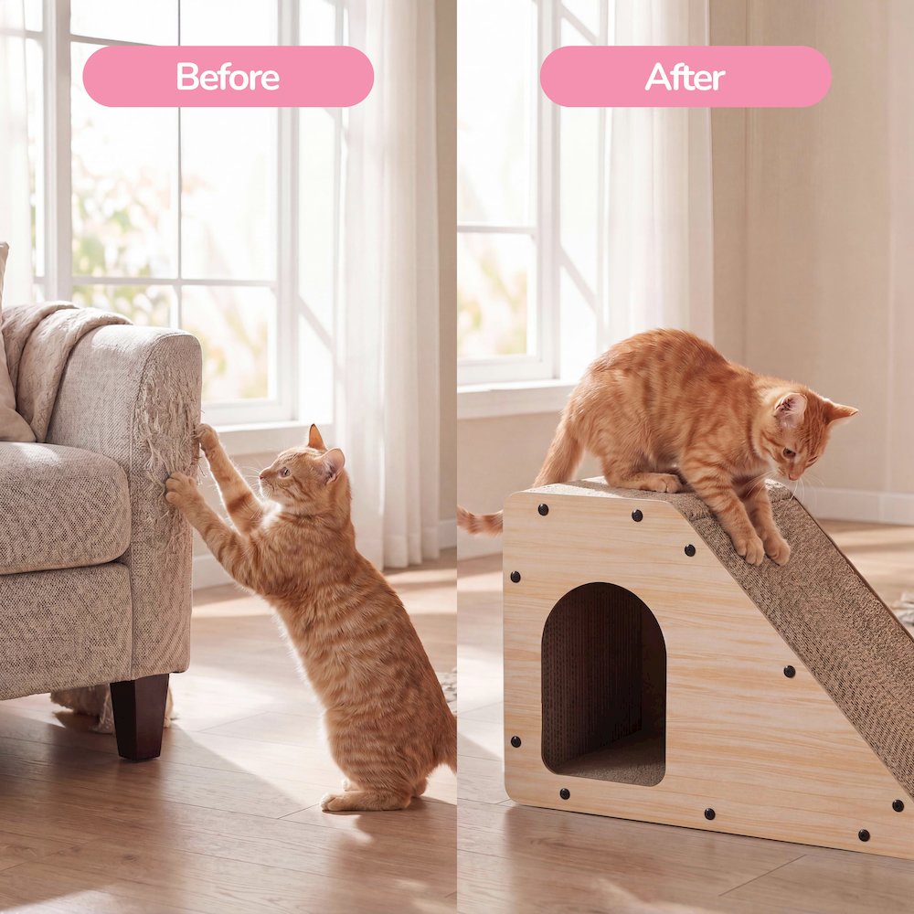 Kento Cardboard Angled Cat Cave Scratcher with Catnip, Oak Wood Finish