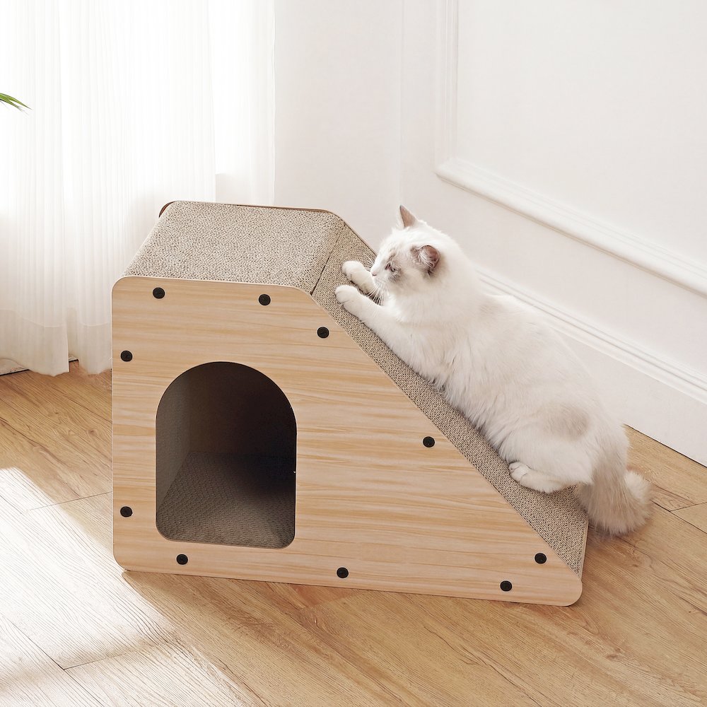Kento Cardboard Angled Cat Cave Scratcher with Catnip, Oak Wood Finish