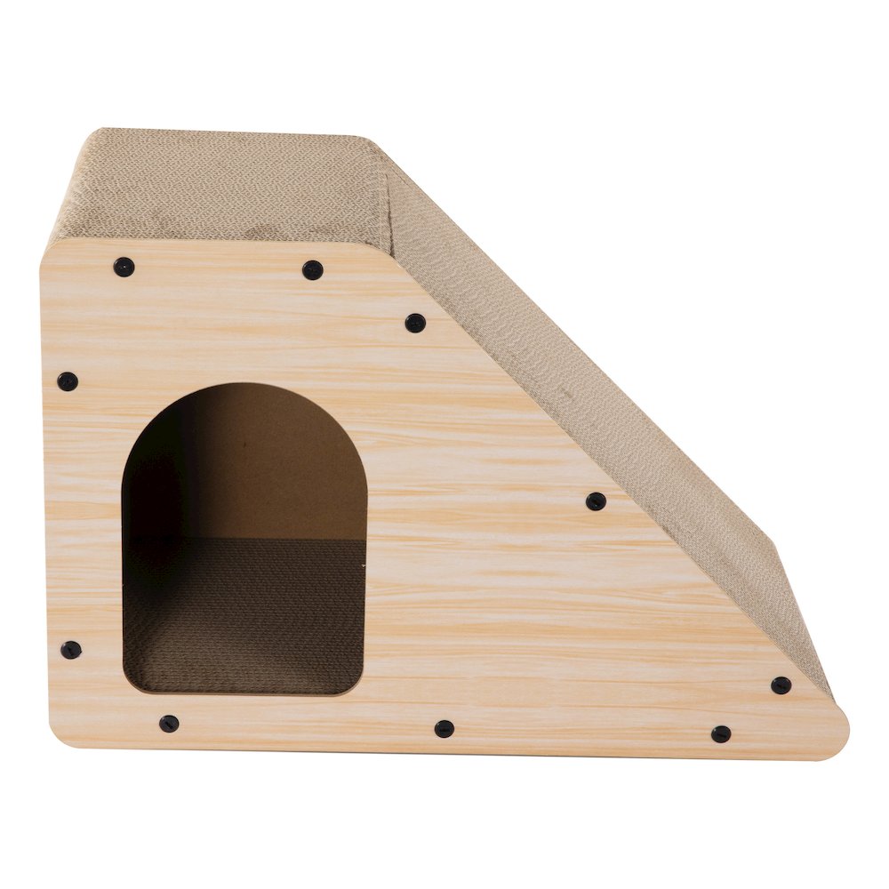 Kento Cardboard Angled Cat Cave Scratcher with Catnip, Oak Wood Finish
