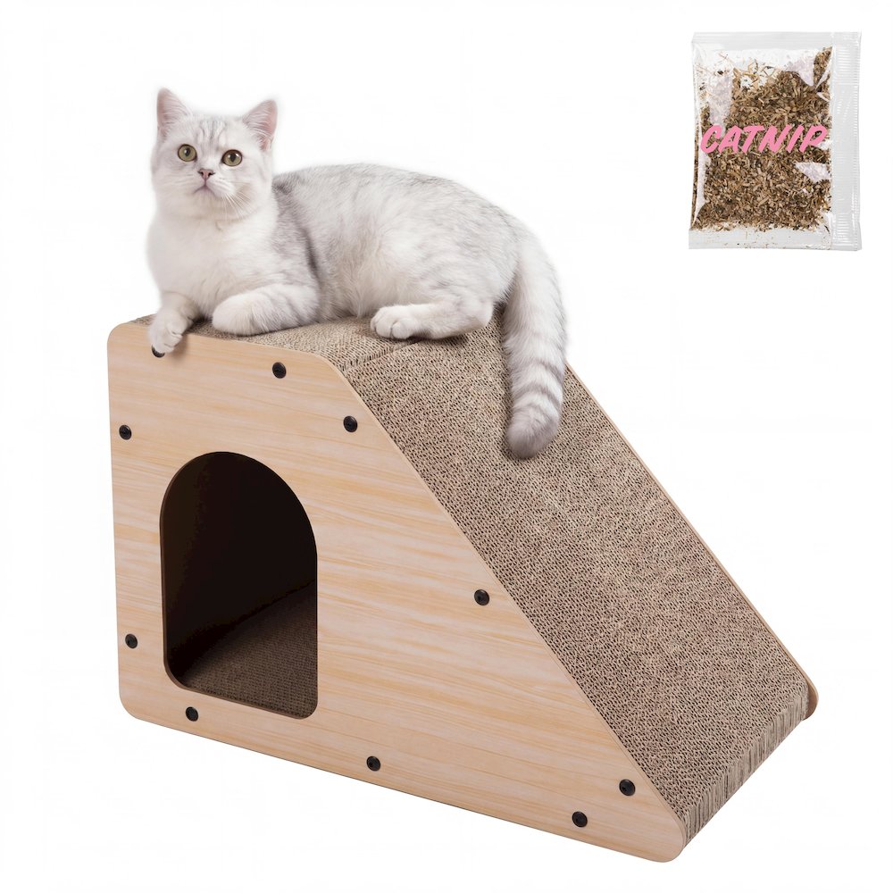 Kento Cardboard Angled Cat Cave Scratcher with Catnip, Oak Wood Finish