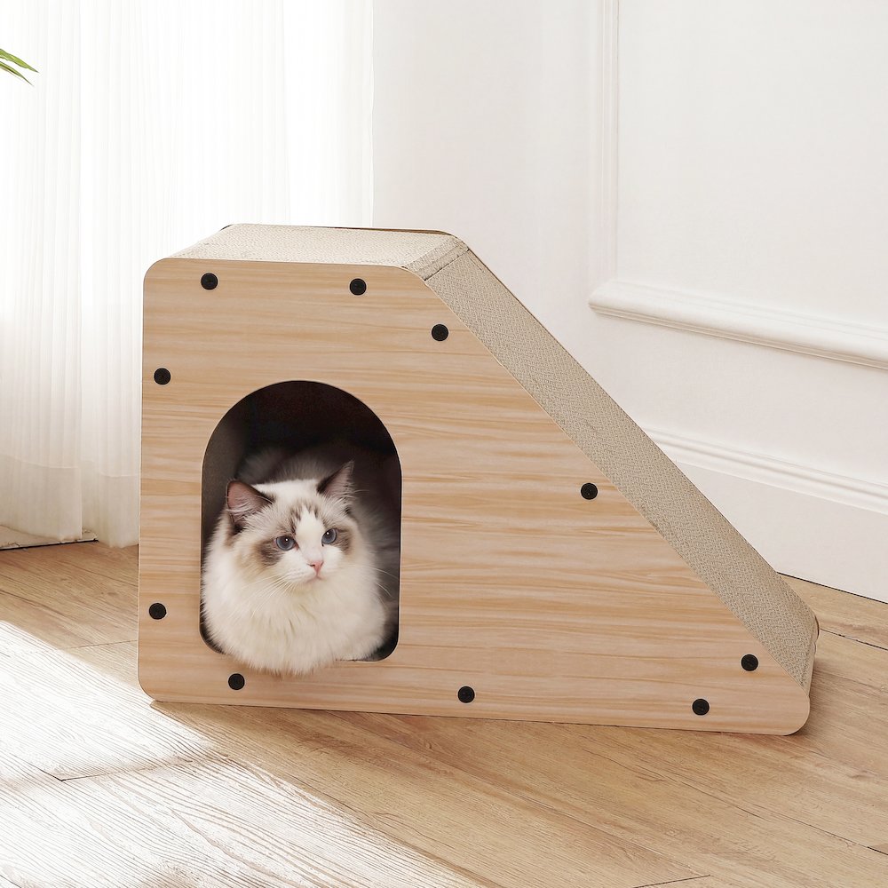 Kento Cardboard Angled Cat Cave Scratcher with Catnip, Oak Wood Finish