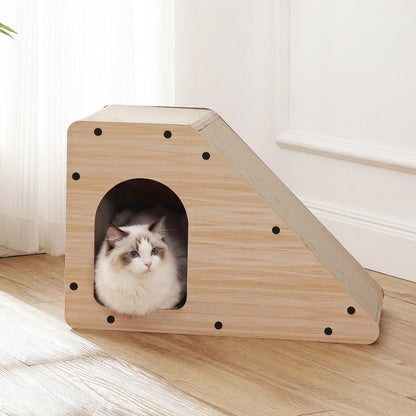 Kento Cardboard Angled Cat Cave Scratcher with Catnip, Oak Wood Finish