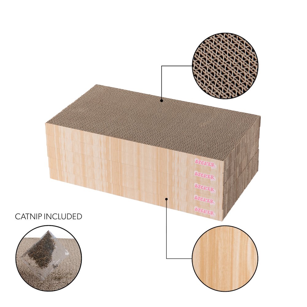 Naomi Cardboard Cat Scratcher Pad with Catnip, Oak Wood Finish (5-Pack)