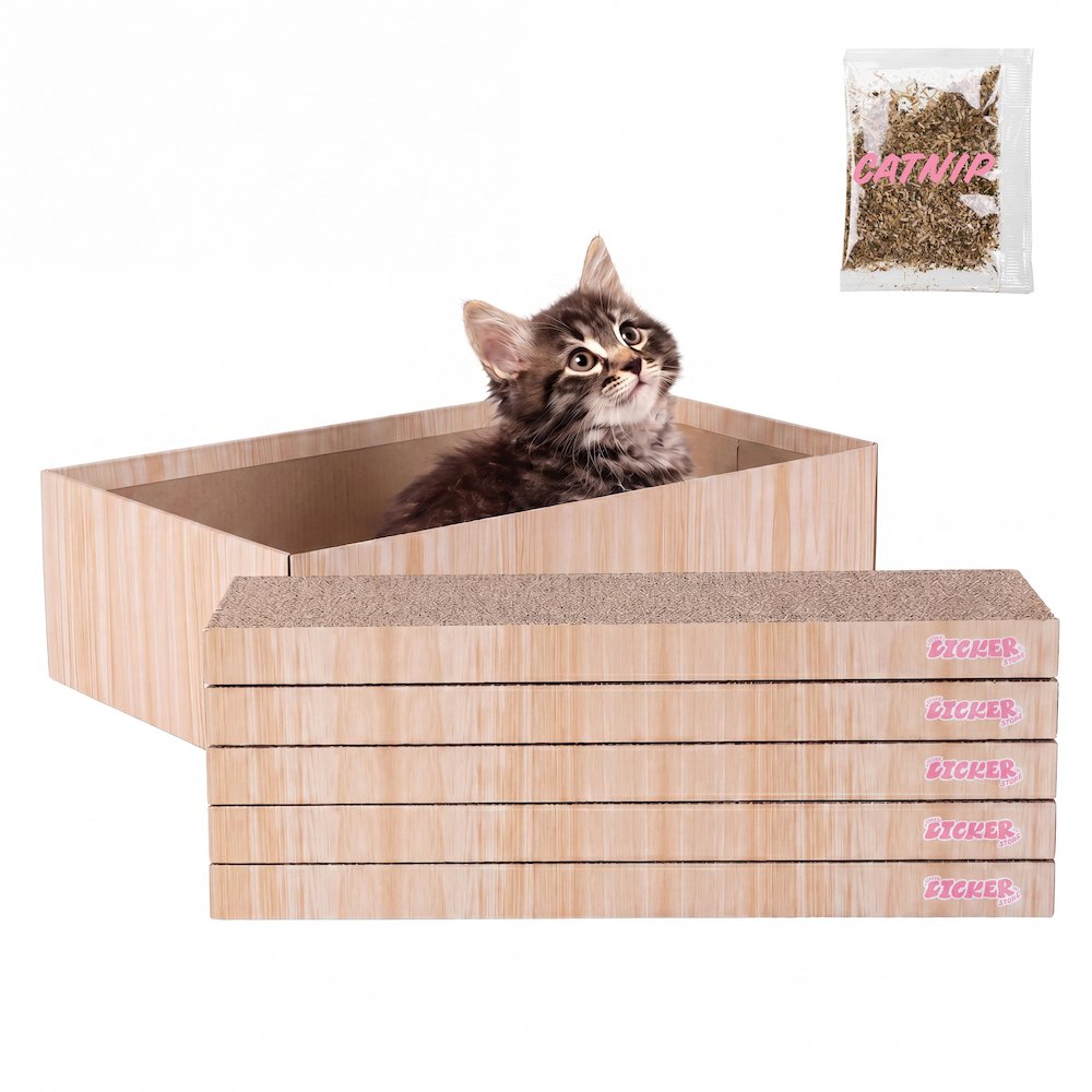 Naomi Cardboard Cat Scratcher Pad with Catnip, Oak Wood Finish (5-Pack)