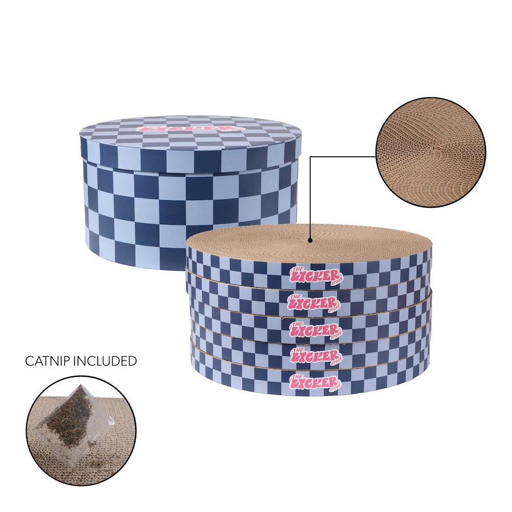 Kate Cardboard Cat Scratcher Pad In Box with Catnip, Checker Navy/Blue (5-Pack)