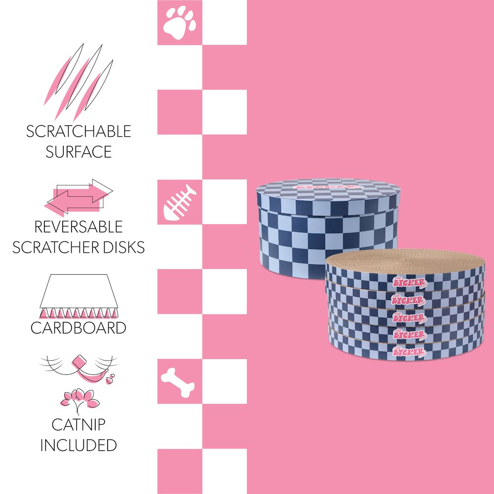 Kate Cardboard Cat Scratcher Pad In Box with Catnip, Checker Navy/Blue (5-Pack)