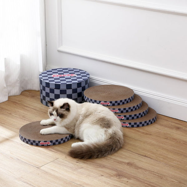 Kate Cardboard Cat Scratcher Pad In Box with Catnip, Checker Navy/Blue (5-Pack)