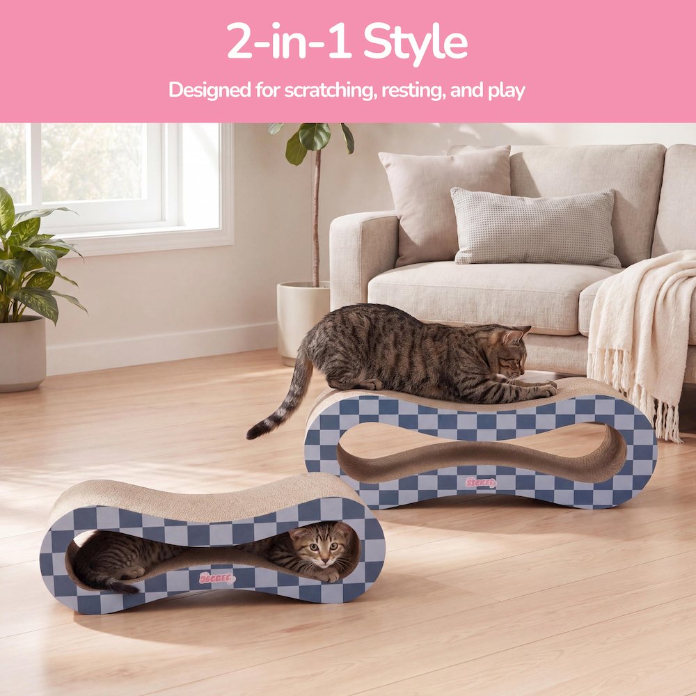 Suvi Cardboard Infinity 2-in-1 Lounge Scratcher with Catnip, Navy/Blue Checker
