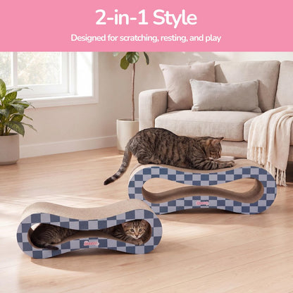 Suvi Cardboard Infinity 2-in-1 Lounge Scratcher with Catnip, Navy/Blue Checker