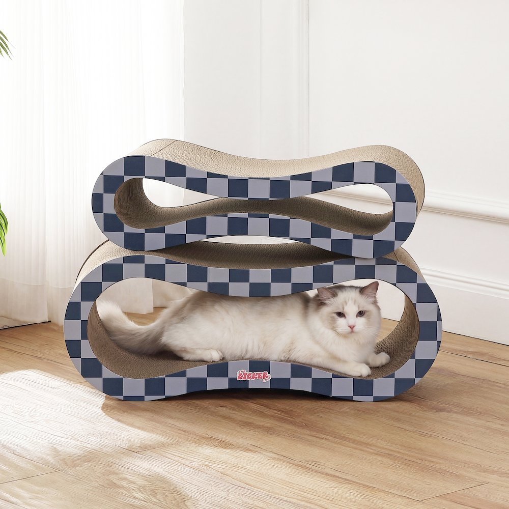Suvi Cardboard Infinity 2-in-1 Lounge Scratcher with Catnip, Navy/Blue Checker