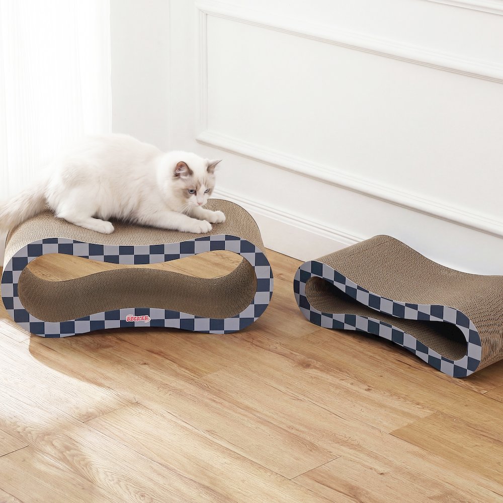 Suvi Cardboard Infinity 2-in-1 Lounge Scratcher with Catnip, Navy/Blue Checker