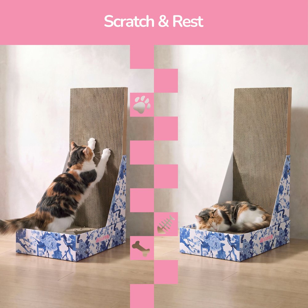 Oliver 23.8" L-Shaped Vertical Cardboard Cat Scratcher, Chinoiserie Blue