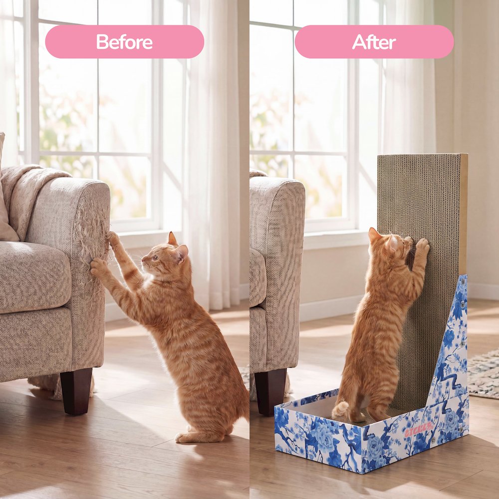 Oliver 23.8" L-Shaped Vertical Cardboard Cat Scratcher, Chinoiserie Blue