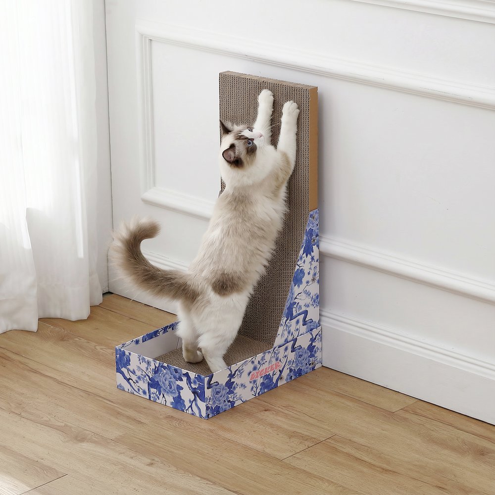 Oliver 23.8" L-Shaped Vertical Cardboard Cat Scratcher, Chinoiserie Blue