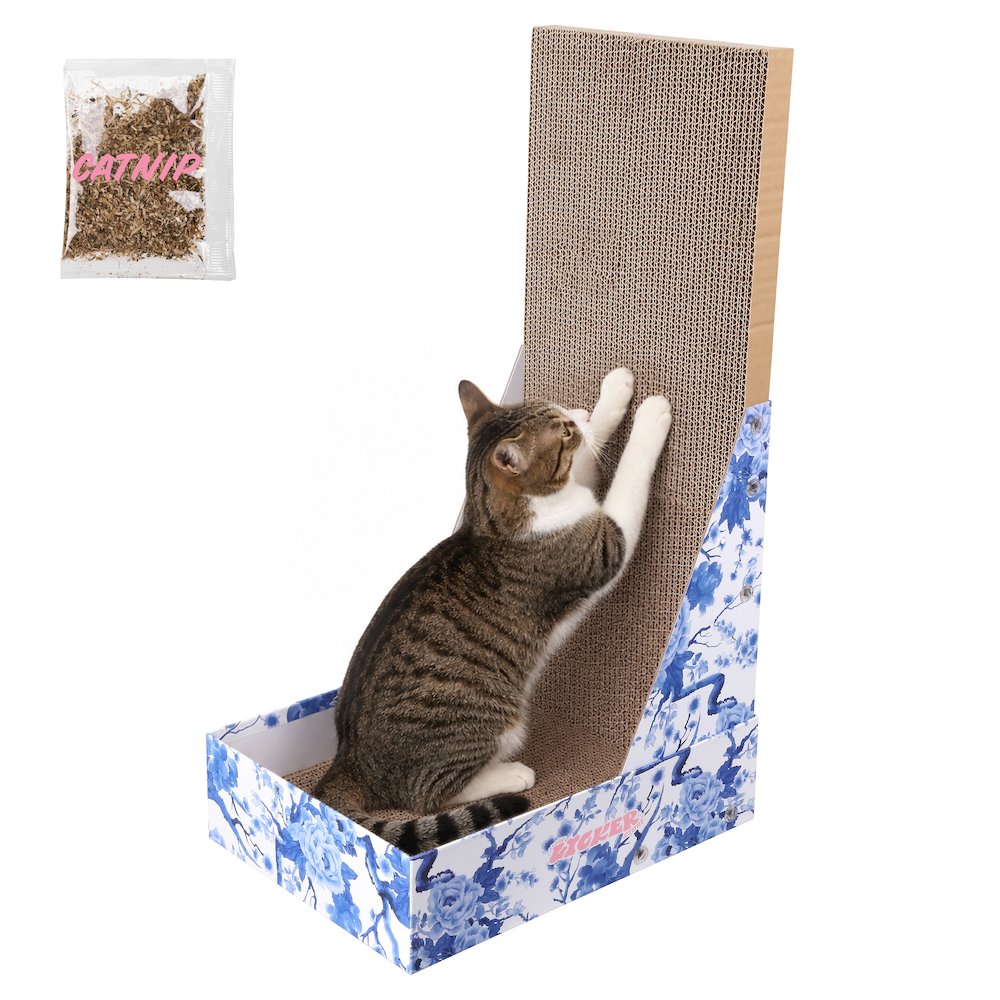 Oliver 23.8" L-Shaped Vertical Cardboard Cat Scratcher, Chinoiserie Blue