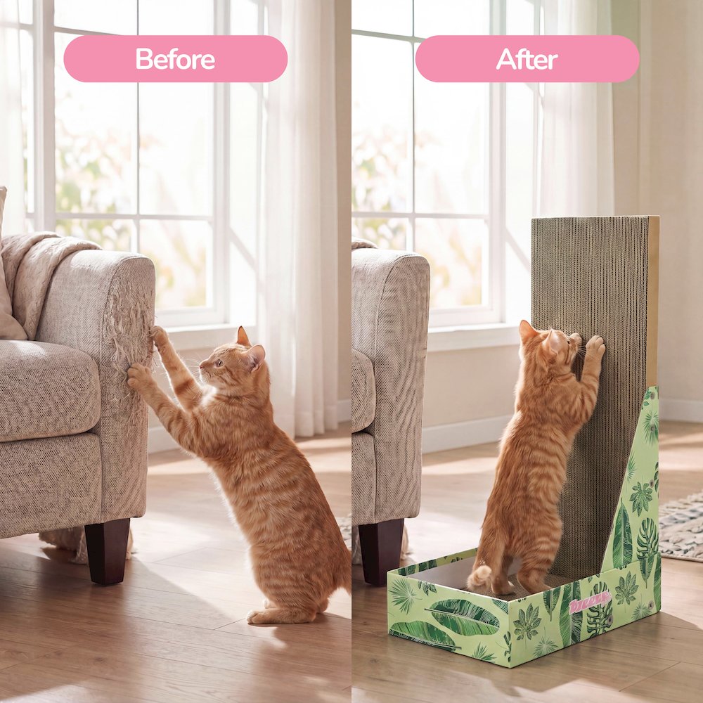 Oliver 23.8" L-Shaped Vertical Cardboard Cat Scratcher, Green Leaf