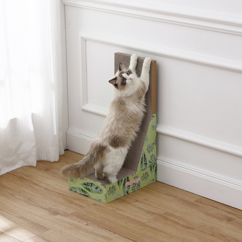Oliver 23.8" L-Shaped Vertical Cardboard Cat Scratcher, Green Leaf