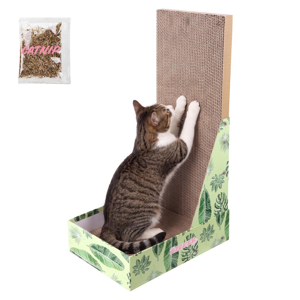 Oliver 23.8" L-Shaped Vertical Cardboard Cat Scratcher, Green Leaf