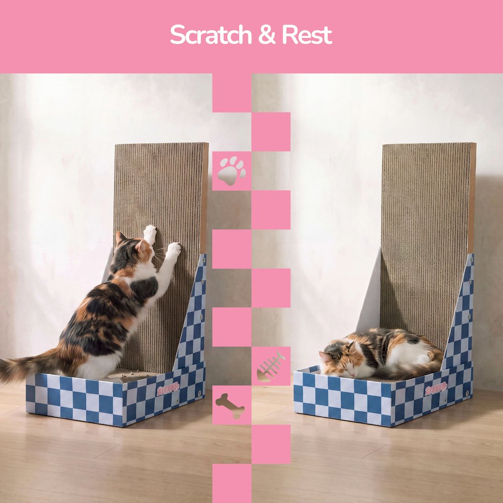 Oliver 23.8" L-Shaped Vertical Cardboard Cat Scratcher, Navy Checker