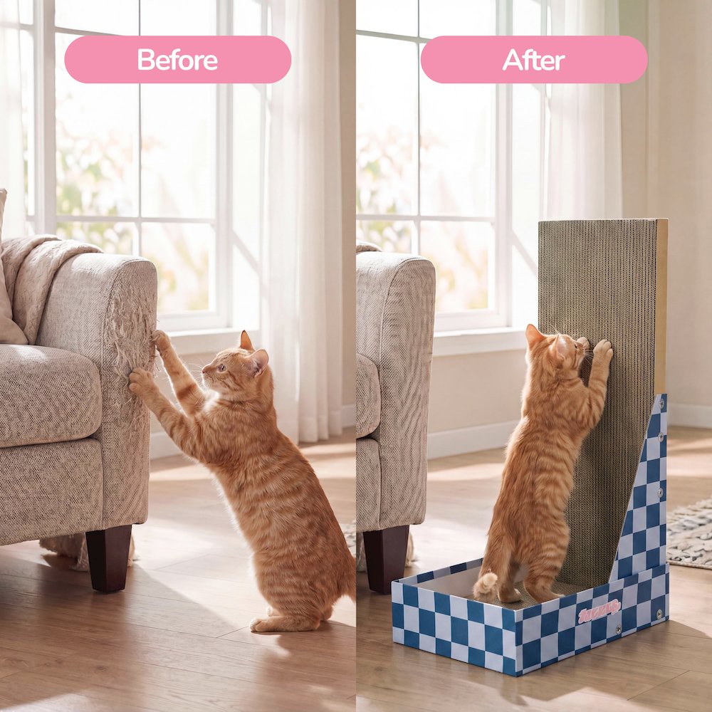Oliver 23.8" L-Shaped Vertical Cardboard Cat Scratcher, Navy Checker