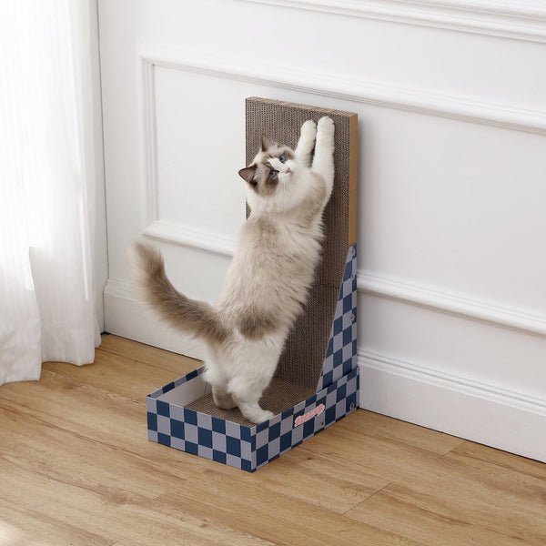 Oliver 23.8" L-Shaped Vertical Cardboard Cat Scratcher, Navy Checker