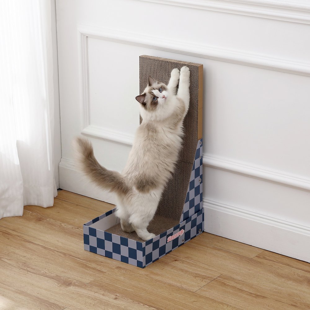 Oliver 23.8" L-Shaped Vertical Cardboard Cat Scratcher, Navy Checker