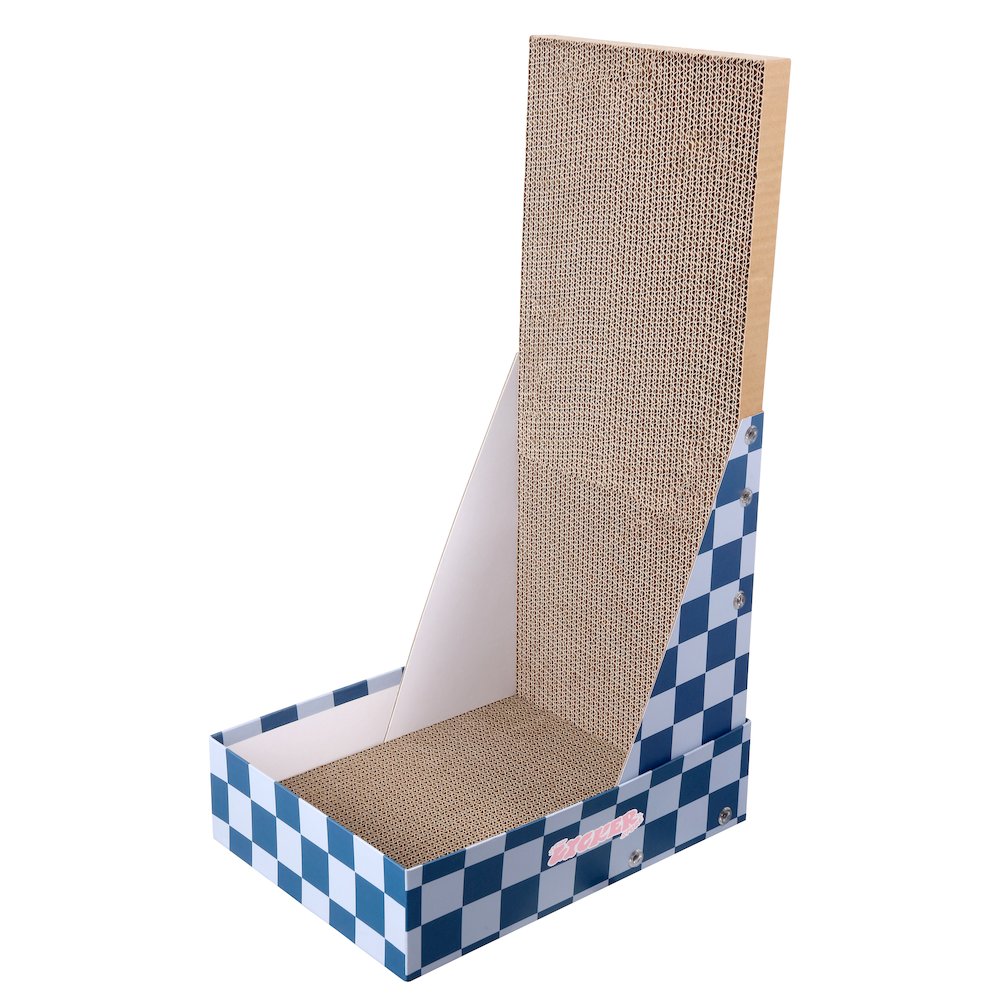 Oliver 23.8" L-Shaped Vertical Cardboard Cat Scratcher, Navy Checker