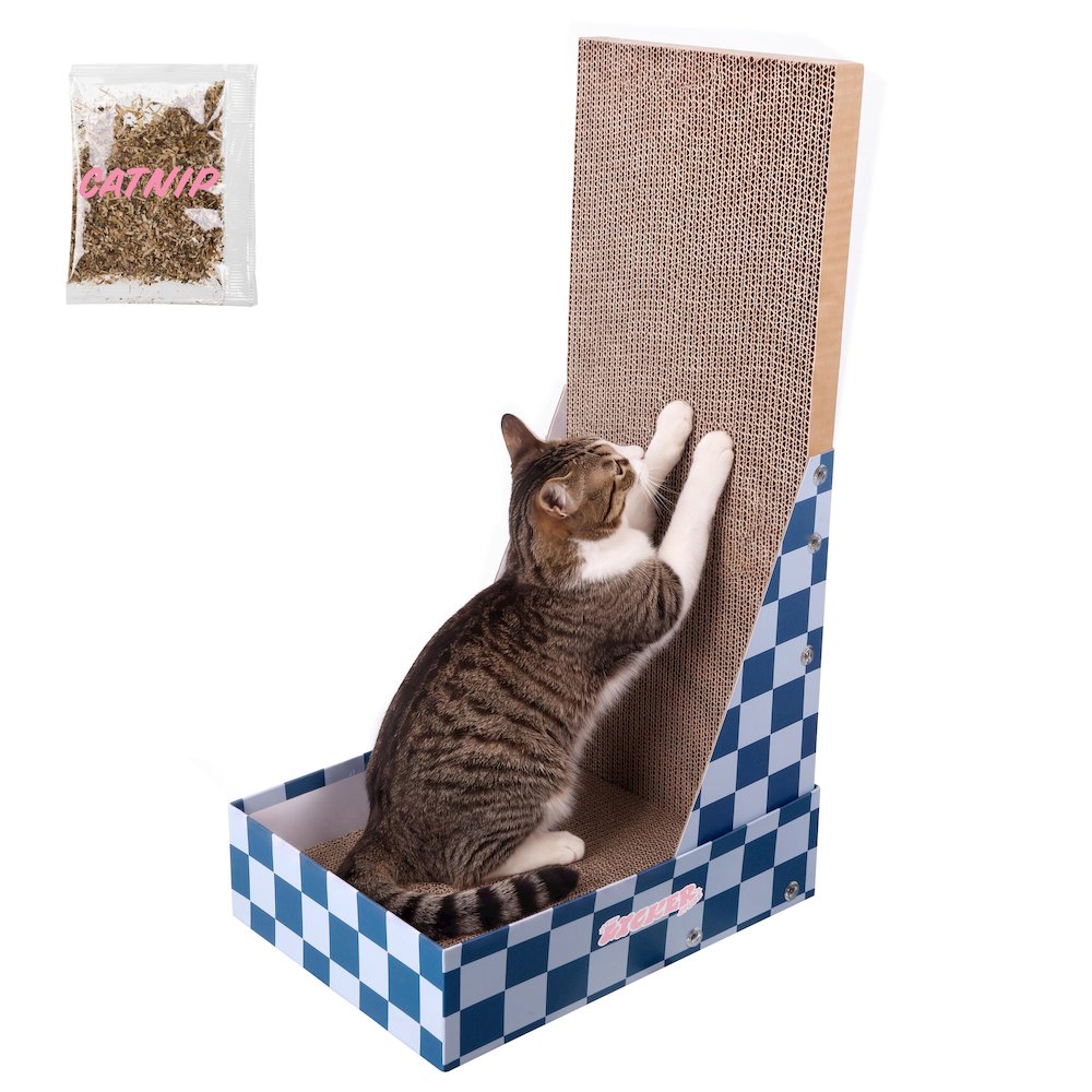 Oliver 23.8" L-Shaped Vertical Cardboard Cat Scratcher, Navy Checker