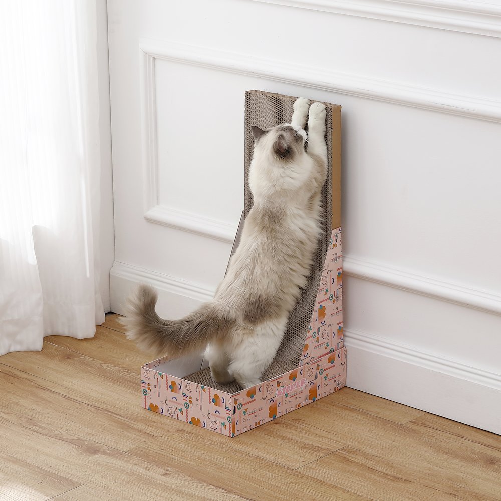 Oliver 23.8" L-Shaped Vertical Cardboard Cat Scratcher, Confetti Pink