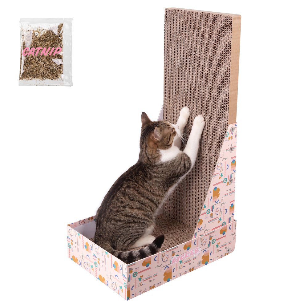 Oliver 23.8" L-Shaped Vertical Cardboard Cat Scratcher, Confetti Pink