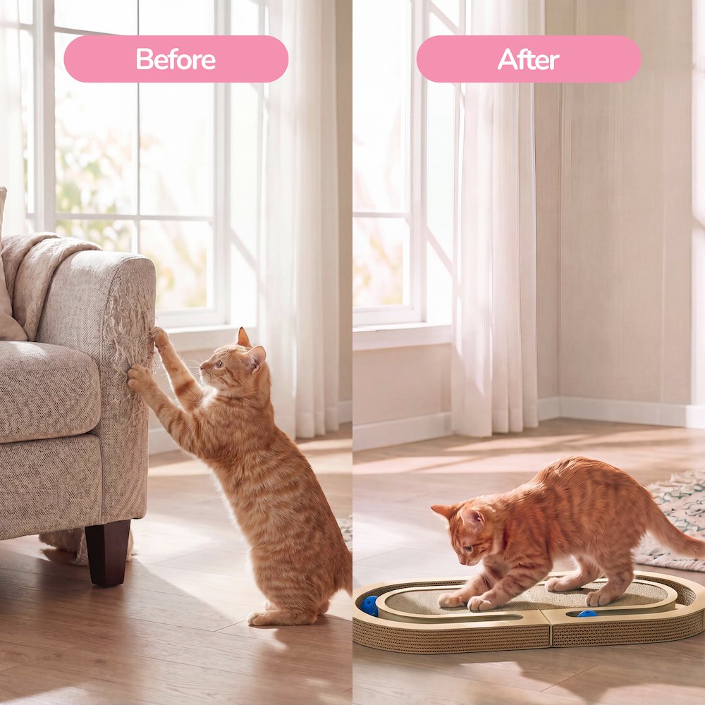 Balla 26” Cardboard Cat Scratcher Lounge Pad with Ball, Almond