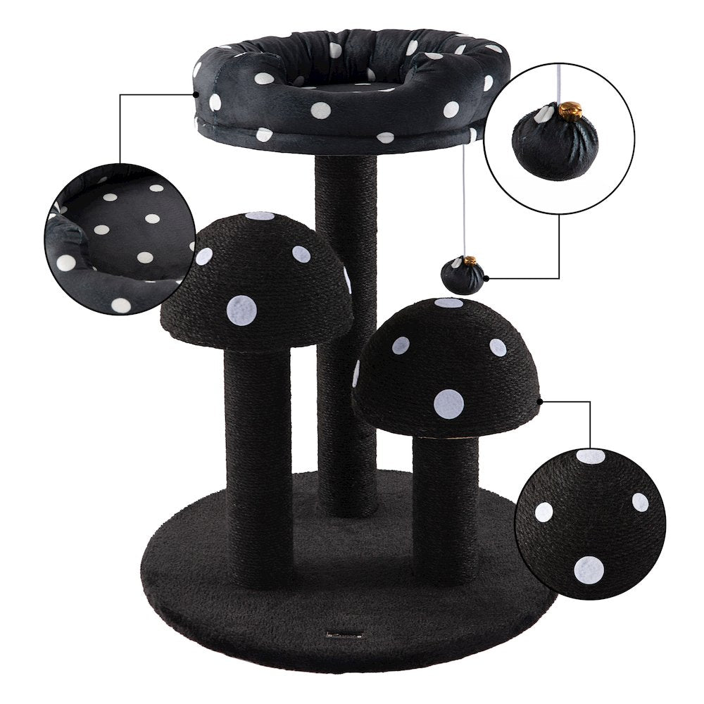 Pixie 3-Tier Sisal Mushroom Cat Tree, Posts, Perch & Bell Toy, Black/White