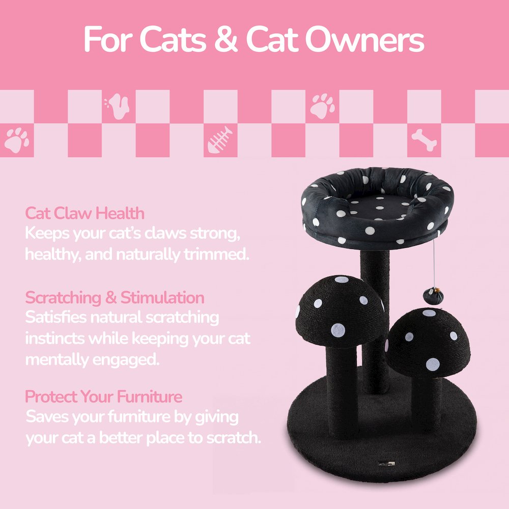 Pixie 3-Tier Sisal Mushroom Cat Tree, Posts, Perch & Bell Toy, Black/White