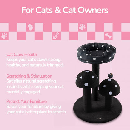 Pixie 3-Tier Sisal Mushroom Cat Tree, Posts, Perch & Bell Toy, Black/White