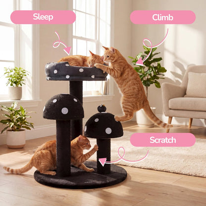 Pixie 3-Tier Sisal Mushroom Cat Tree, Posts, Perch & Bell Toy, Black/White