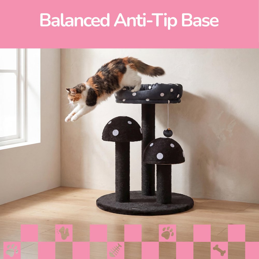 Pixie 3-Tier Sisal Mushroom Cat Tree, Posts, Perch & Bell Toy, Black/White