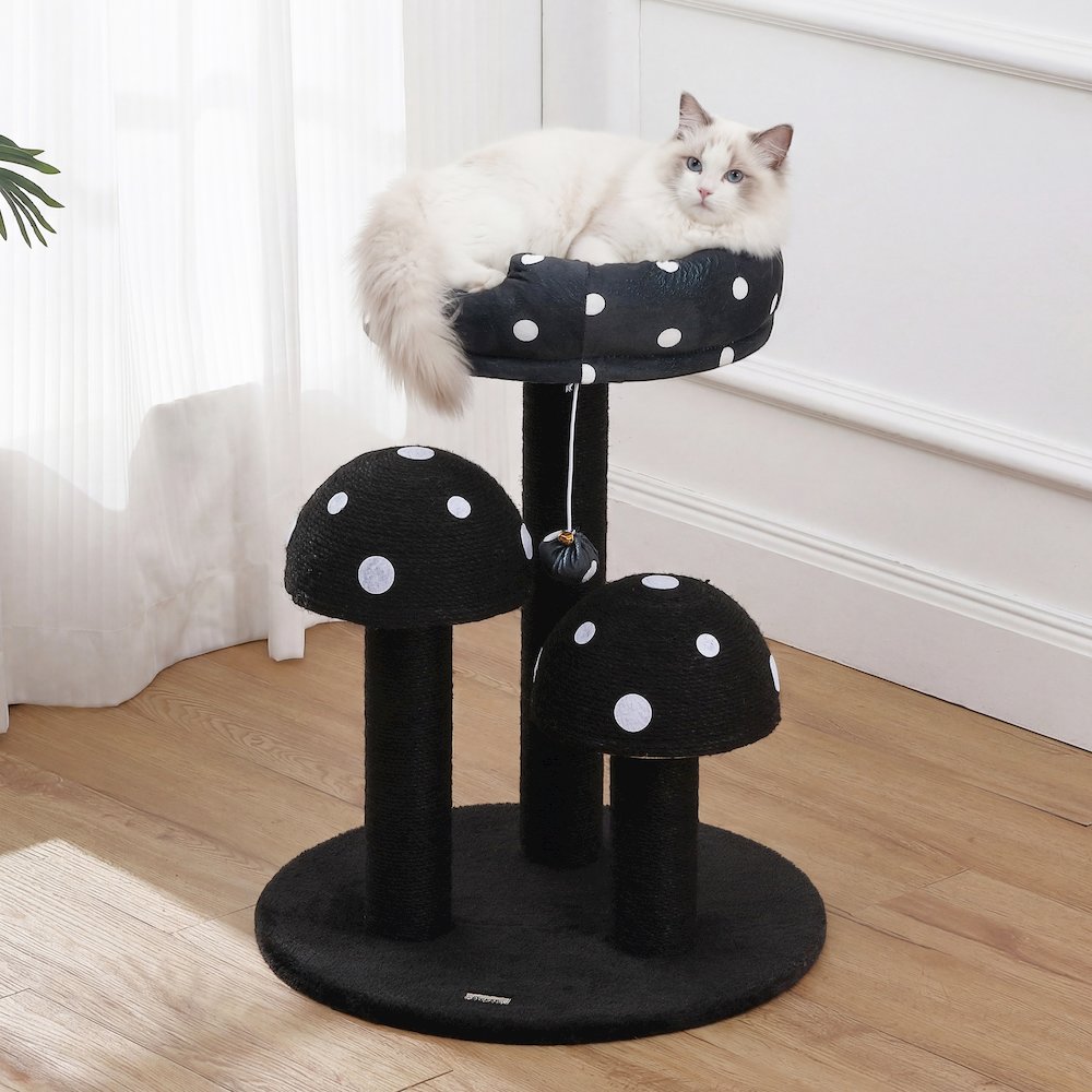 Pixie 3-Tier Sisal Mushroom Cat Tree, Posts, Perch & Bell Toy, Black/White