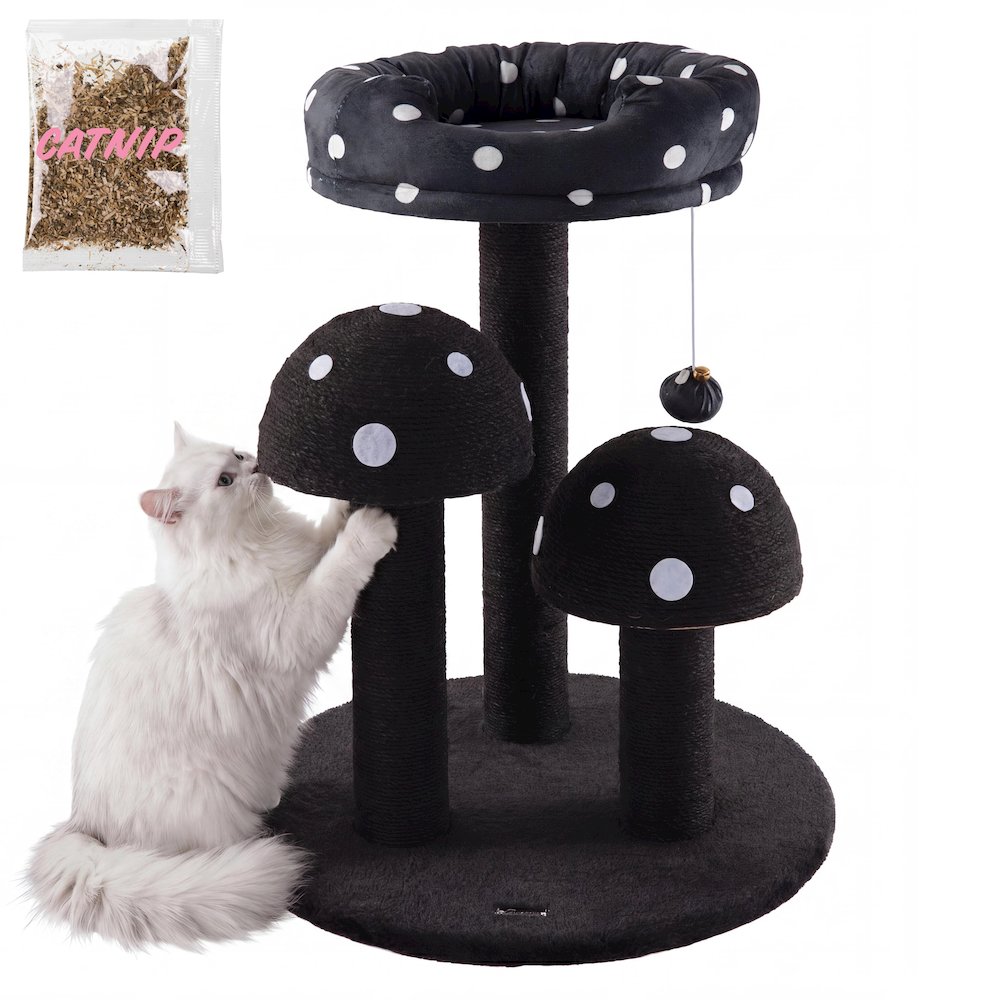 Pixie 3-Tier Sisal Mushroom Cat Tree, Posts, Perch & Bell Toy, Black/White