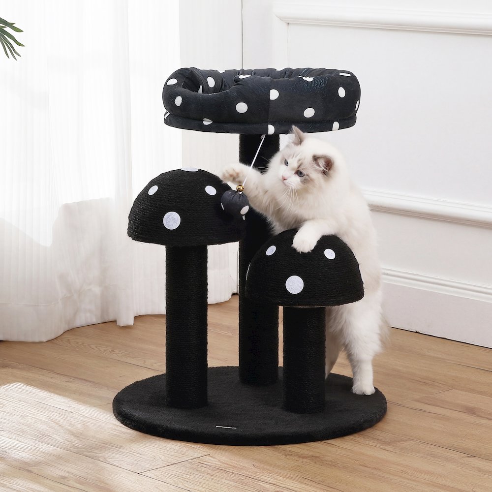 Pixie 3-Tier Sisal Mushroom Cat Tree, Posts, Perch & Bell Toy, Black/White