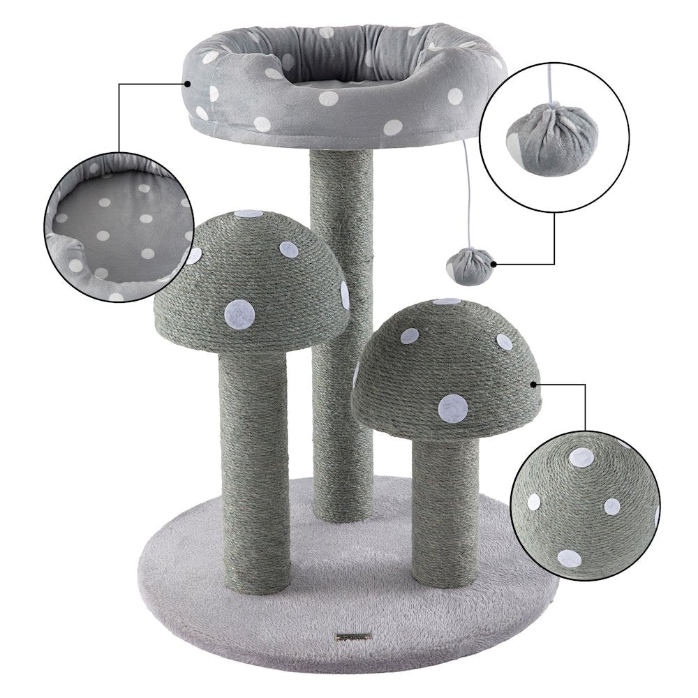 Pixie 3-Tier Sisal Mushroom Cat Tree, Posts, Perch & Bell Toy, Grey/White
