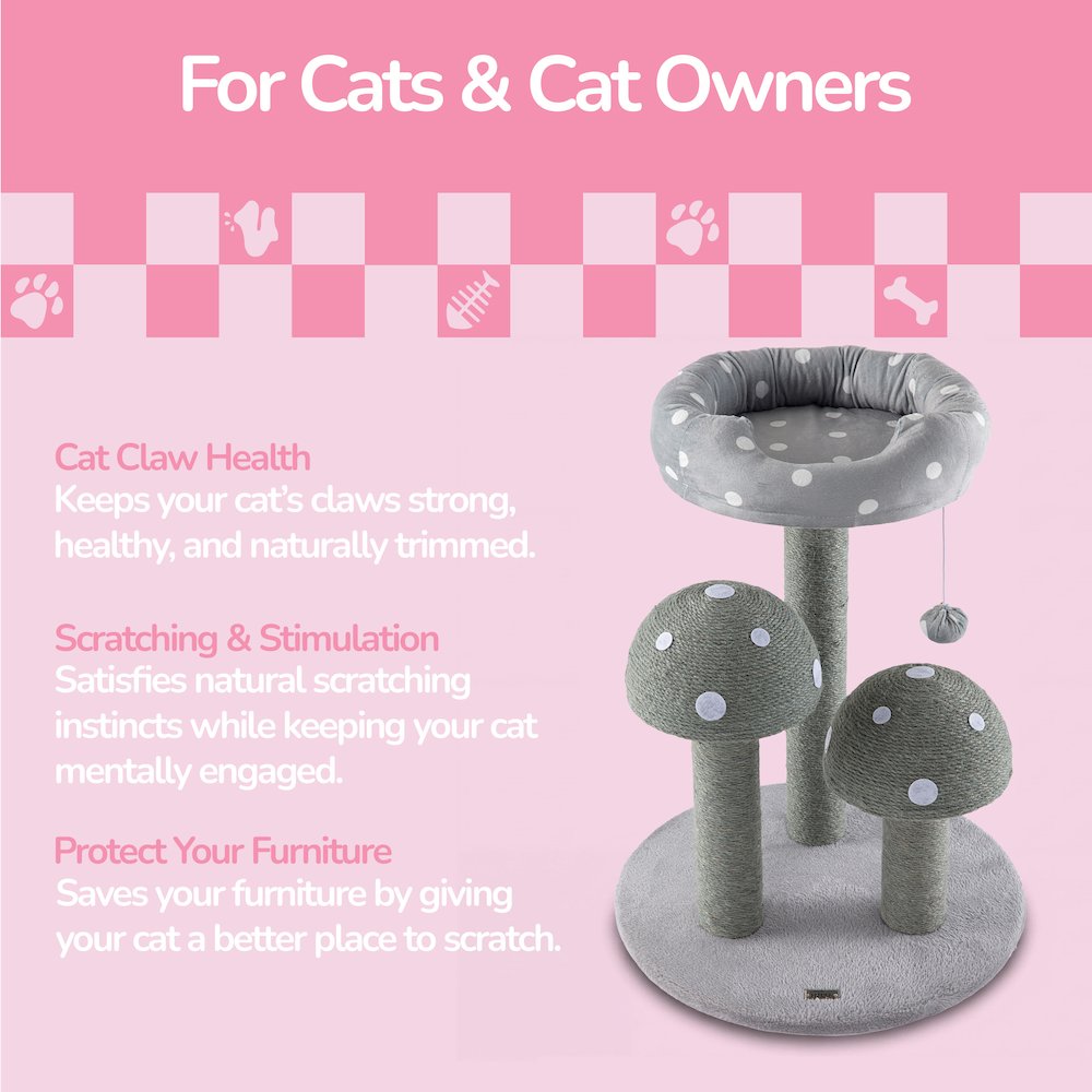 Pixie 3-Tier Sisal Mushroom Cat Tree, Posts, Perch & Bell Toy, Grey/White
