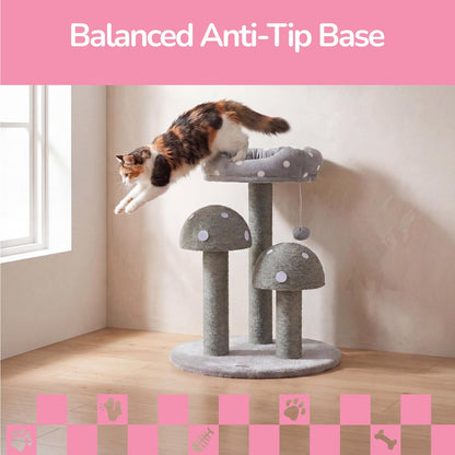 Pixie 3-Tier Sisal Mushroom Cat Tree, Posts, Perch & Bell Toy, Grey/White