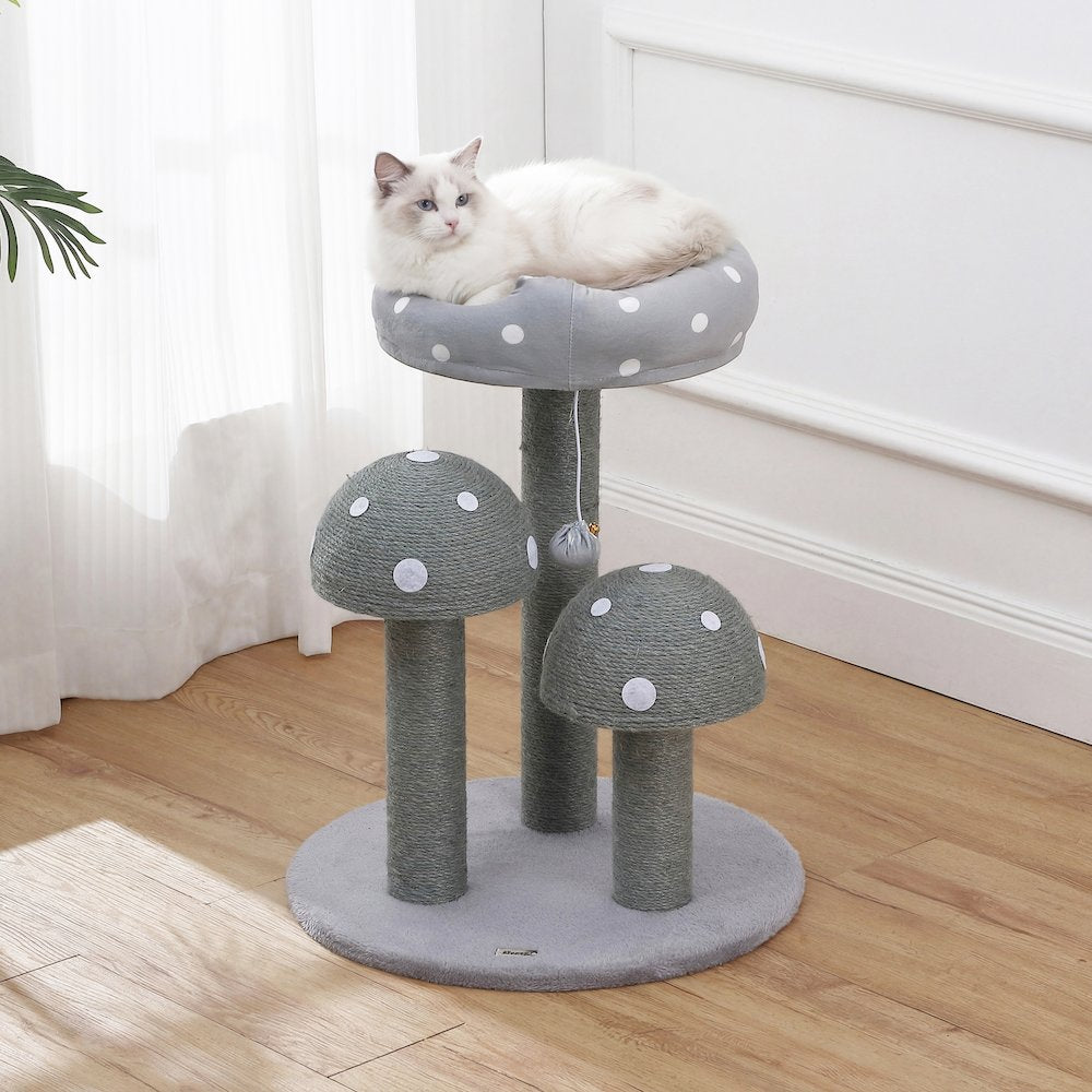 Pixie 3-Tier Sisal Mushroom Cat Tree, Posts, Perch & Bell Toy, Grey/White